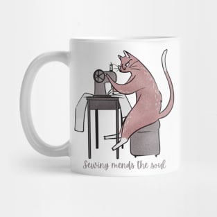 LADY CAT SEWING MENDS THE SOUL Mug